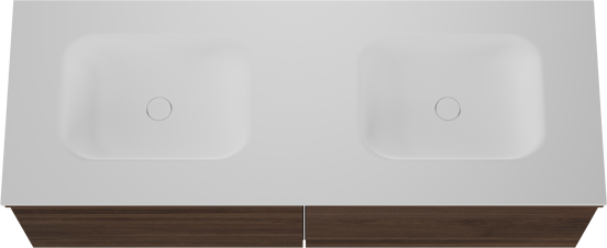 Balmani Forma zwevend badkamermeubel 150 x 55 cm amerikaanse notelaar met Tablo Arcato dubbele wastafel in solid surface mat wit, Horizontale symmetrische rechte ribbel
