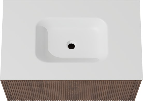 Balmani Eclips zwevend badkamermeubel 90 x 55 cm Amerikaanse notelaar met Tablo Arcato enkele wastafel in Solid Surface mat wit, Verticale symmetrische rechte ribbel