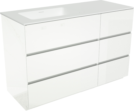 Storke Edge staand badkamermeubel 130 x 52 cm glanzend wit met Mata asymmetrisch linkse wastafel in solid surface mat wit