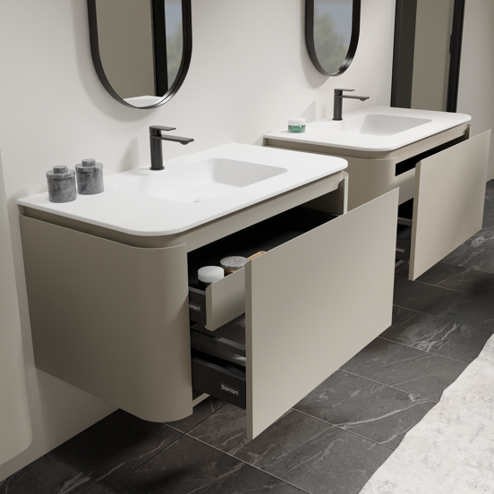 Balmani Moon meuble salle de bains suspendu 100 x 55 cm soie grise avec Moon plan simple en solid surface blanc mat