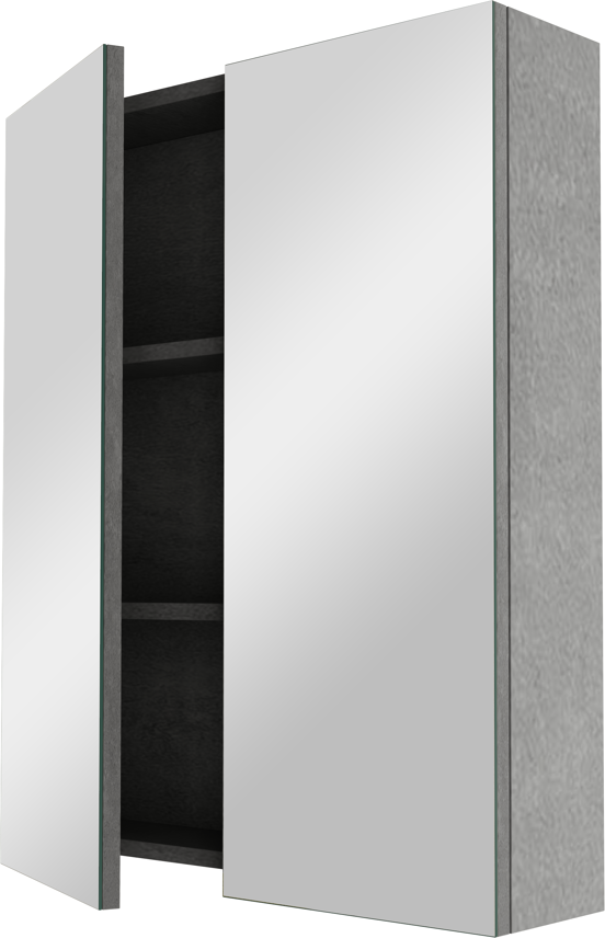 Linie Lado meuble salle de bains suspendu 60 x 46 cm béton gris foncé avec Baro plan simple en porcelaine blanc brillant, Montro armoire de toilette et Mila robinet de lavabo