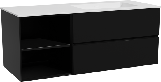 Storke Edge meuble salle de bains suspendu 130 x 52 cm noir mat avec Mata plan vasque asymétrique à droite en solid surface blanc mat
