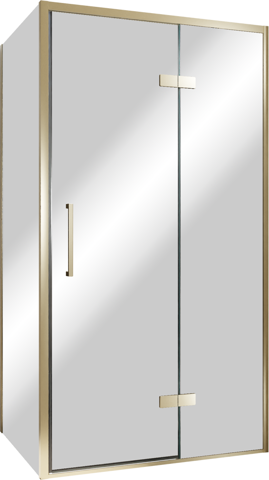 Balmani Senses Design douche en coin avec porte pivotante à droite et paroi latérale fixe, 100 x 100 cm, Miroir Reflex, Profil Brushed Champagne Gold, coating inclus, coating inclus