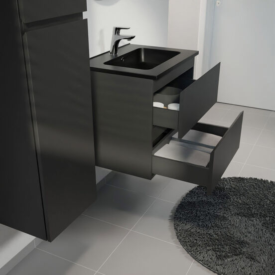 Linie Lado meuble salle de bains suspendu 60 x 46 cm noir mat avec Vano plan simple en marbre composite noir mat