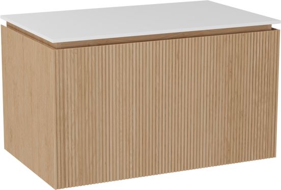 Balmani Eclips meuble salle de bains suspendu 90 x 55 cm Chêne naturelle avec Stretto tablette simple en Solid Surface blanc mat, Nervure droite symétrique verticale