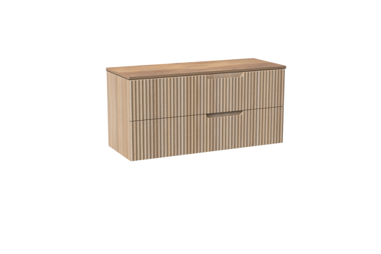 Linie Ribbo meuble salle de bains suspendu 120 x 46 cm chêne clair avec Lado tablette simple ou double en mélaminé chêne naturel, Nervure circulaire symétrique verticale