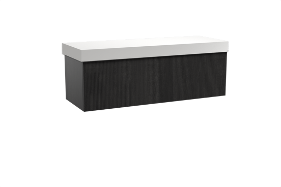 Balmani Forma zwevend badkamermeubel 150 x 55 cm zwarte eik met Dominus enkel of dubbel tablet in solid surface mat wit, Verticale symmetrische rechte ribbel