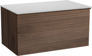 Balmani Forma zwevend badkamermeubel 90 x 55 cm amerikaanse notelaar met Stretto enkel tablet in solid surface mat wit, Horizontale symmetrische rechte ribbel