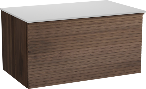 Balmani Forma zwevend badkamermeubel 90 x 55 cm amerikaanse notelaar met Stretto enkel tablet in solid surface mat wit, Horizontale symmetrische rechte ribbel