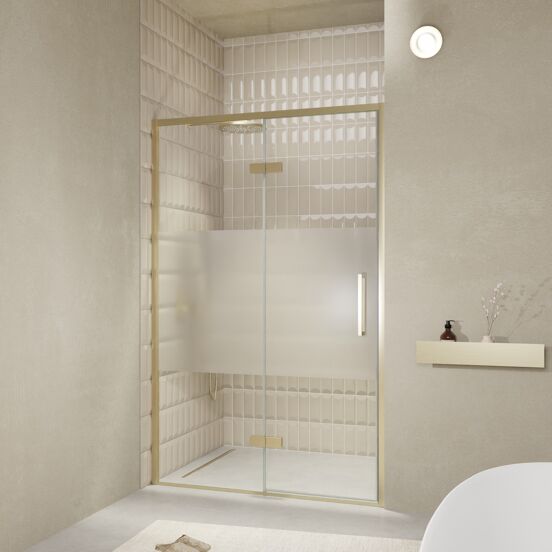 Balmani Senses Design douche draaideur links 140 cm x 210 cm Helder glas met matte strook, Brushed Champagne Gold profielen, met coating