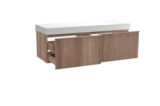 Balmani Forma meuble salle de bains suspendu 150 x 55 cm teck avec Dominus tablette simple ou double en solid surface blanc mat, Nervure droite symétrique verticale