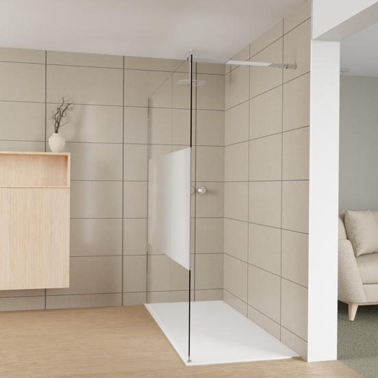Balmani Modular Walk-In Dusche: 180 x 200 cm, Klarglas mit mattiertem Streifen, Profil Chrom glänzend