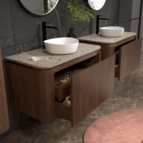 Balmani Moon zwevend badkamermeubel 100 x 55 cm amerikaanse notelaar met Moon enkel tablet in terrazzo greige terrazzo, Verticale symmetrische rechte ribbel