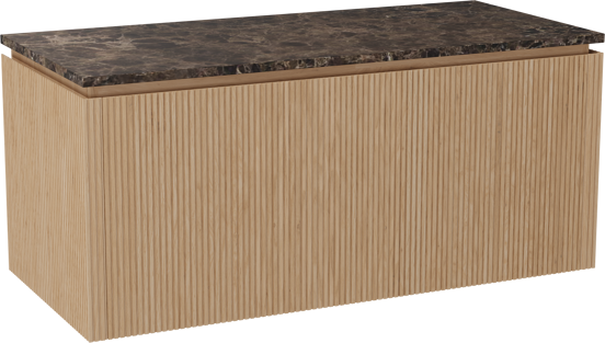Balmani Eclips hängendes Möbelstück Set: 120 x 55 cm, Eiche Natur, mit Stretto Einzel- oder Doppel Waschtischplatte Marmor Dark Emperador, Vertikale symmetrische gerade Rippe