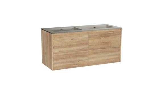 Storke Seda zwevend badkamermeubel 130 x 52 cm ruwe eik met Diva dubbele wastafel in top solid zijdegrijs