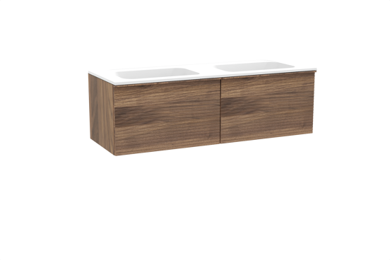 Balmani Forma zwevend badkamermeubel 150 x 55 cm amerikaanse notelaar met Tablo Strada dubbele wastafel in composietmarmer mat wit, Horizontale symmetrische rechte ribbel