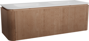 Balmani Moon zwevend badkamermeubel 160 x 55 cm natuur eik met Moon dubbele wastafel in solid surface mat wit, Verticale symmetrische rechte ribbel
