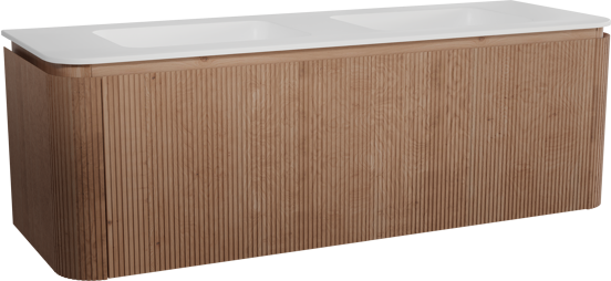 Balmani Moon hängendes Möbelstück Set: 160 x 55 cm, Naturbelassene Eiche, mit Moon Doppelwaschtisch, Solid Surface, Weiß matt, Vertikale symmetrische gerade Rippe