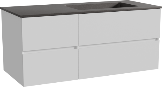 Storke Edge zwevend badmeubel 120 x 52 cm mat wit met Scuro asymmetrisch rechtse wastafel in kwarts mat zwart