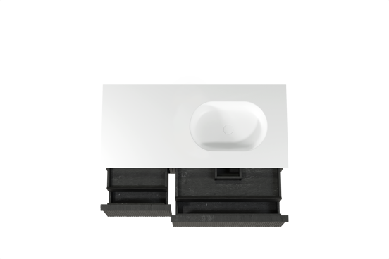 Balmani Forma zwevend badkamermeubel 120 x 55 cm zwarte eik met Tablo Oval asymmetrisch rechtse wastafel in solid surface mat wit, Verticale symmetrische rechte ribbel