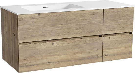 Storke Edge zwevend badmeubel 120 x 52 cm ruw eiken met Mata asymmetrisch linkse wastafel in solid surface mat wit