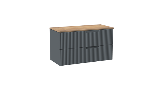 Linie Ribbo meuble salle de bains suspendu 100 x 46 cm bleu anthracite avec Lado tablette simple ou double en mélaminé chêne naturel, Nervure circulaire symétrique verticale