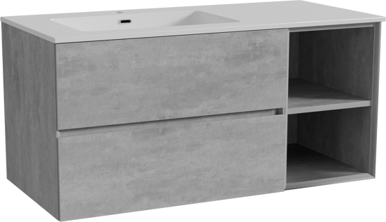 Storke Edge zwevend badmeubel 110 x 52 cm beton donkergrijs met Diva asymmetrisch linkse wastafel in composietmarmer hoogglans wit