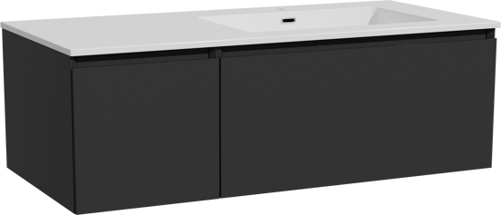 Storke Edge meuble salle de bains suspendu 110 x 52 cm noir mat avec Diva plan vasque asymétrique à droite en marbre composite blanc brillant