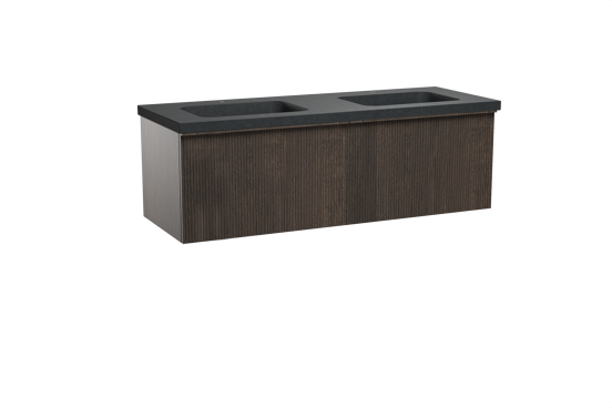 Balmani Forma zwevend badkamermeubel 150 x 55 cm gerookte eik met Napoli dubbele wastafel in graniet zwart, Verticale symmetrische rechte ribbel