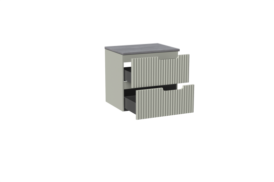 Linie Ribbo zwevend badmeubel 60 x 46 cm greige met Lado enkel wastafelblad in melamine beton donkergrijs, Verticale symmetrische ronde ribbel
