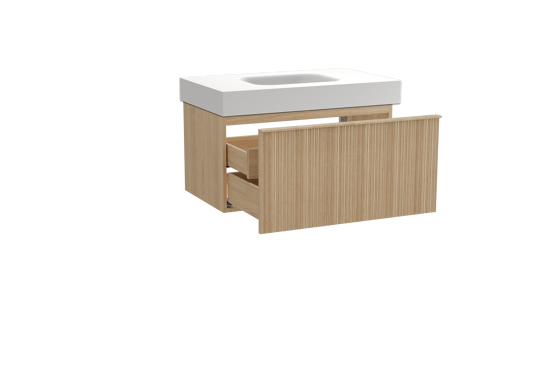 Balmani Forma zwevend badkamermeubel 90 x 55 cm natuur eik met Arcato enkele wastafel in solid surface mat wit, Verticale asymmetrische ronde ribbel