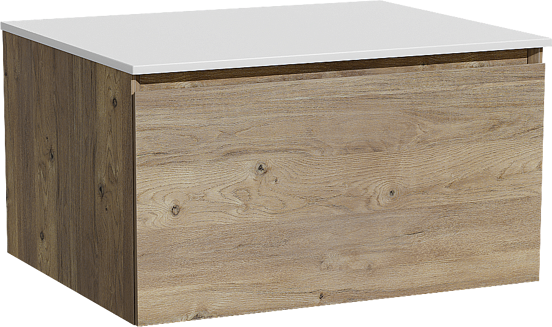 Storke Edge zwevend badkamermeubel 65 x 52 cm ruwe eik met Tavola enkel tablet in solid surface mat wit