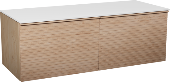 Balmani Forma zwevend badkamermeubel 135 x 55 cm natuur eik met Stretto enkel of dubbel tablet in solid surface mat wit, Horizontale symmetrische rechte ribbel