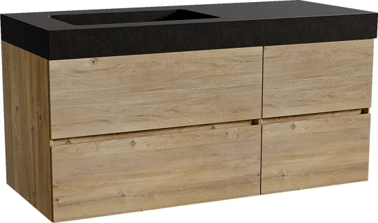 Storke Edge meuble salle de bains suspendu 120 x 52 cm chêne brut avec Scuro High vasque asymétrique gauche en quartz noir mat