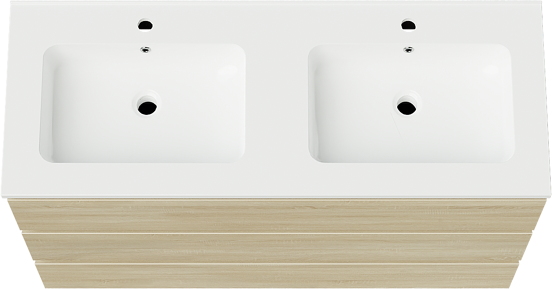 Linie Lado meuble salle de bains à poser 120 x 46 cm chêne blanc avec Vano double vasque en marbre composite blanc brillant