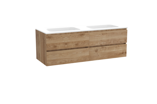 Balmani Lucida zwevend badkamermeubel 150 x 55 cm ruwe eik met Tablo Strada dubbele wastafel in composietmarmer mat wit