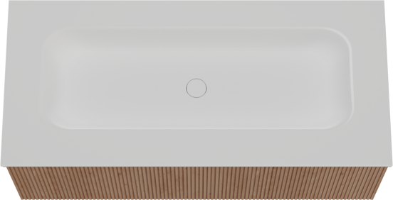 Balmani Forma zwevend badkamermeubel 120 x 55 cm natuur eik met Tablo Arcato enkele wastafel voor 2 kraangaten in solid surface mat wit, Verticale symmetrische rechte ribbel