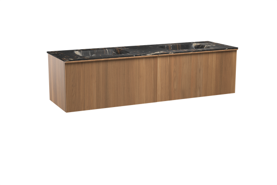Balmani Forma meuble salle de bains suspendu 180 x 55 cm teck avec Tablo Arcato double vasque en marbre portoro gold, Nervure droite symétrique verticale