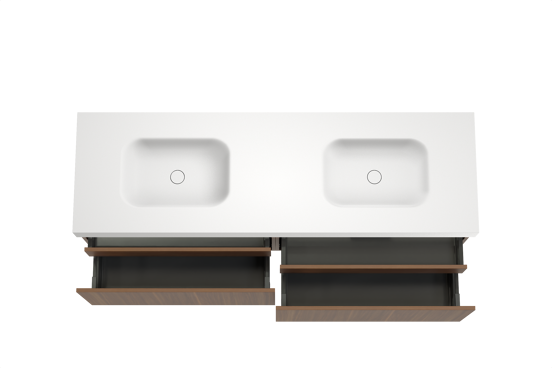 Balmani Sfera zwevend badkamermeubel 180 x 55 cm amerikaanse notelaar met Arcato dubbele wastafel in solid surface mat wit