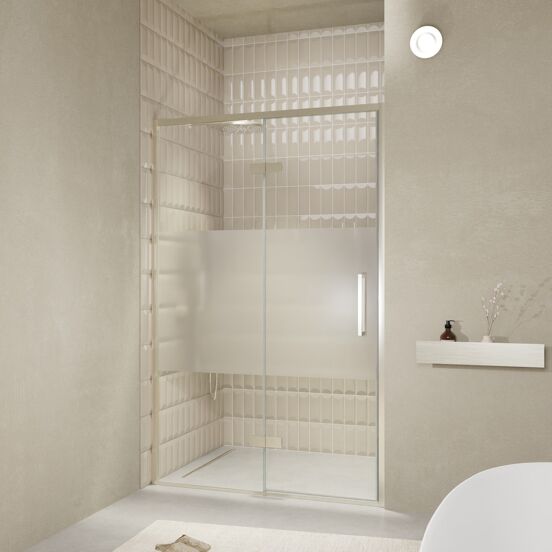 Balmani Senses Design douche draaideur links 140 cm x 210 cm Helder glas met matte strook, Brushed CoolMetal profielen