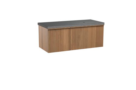 Balmani Forma zwevend badmeubel 120 x 55 cm teakhout met Rock asymmetrisch rechtse wastafel in zwart graniet, Verticale symmetrische rechte ribbel