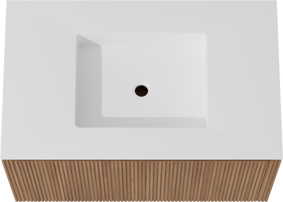 Balmani Eclips zwevend badkamermeubel 90 x 55 cm Teak met Tablo Stretto enkele wastafel in Solid Surface mat wit, Verticale symmetrische rechte ribbel