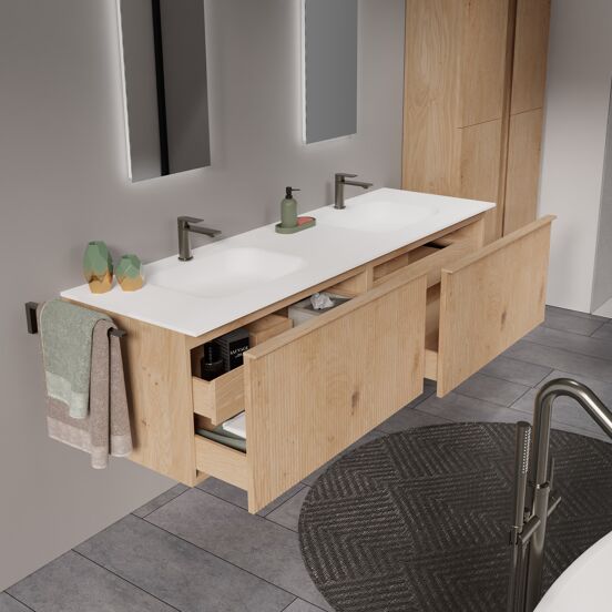 Balmani Forma zwevend badkamermeubel 180 x 55 cm natuur eik met Tablo Arcato dubbele wastafel in solid surface mat wit, Verticale symmetrische rechte ribbel