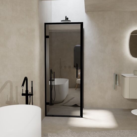 Balmani Senses Design douche en coin avec porte pivotante à gauche et paroi latérale fixe, 90 x 100 cm, Miroir Reflex, Profil noir