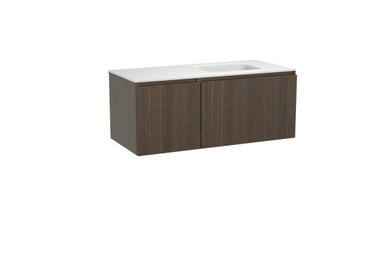 Balmani Sfera meuble salle de bains suspendu 120 x 55 cm eucalyptus avec Tablo Arcato plan vasque asymétrique à droite en solid surface blanc mat