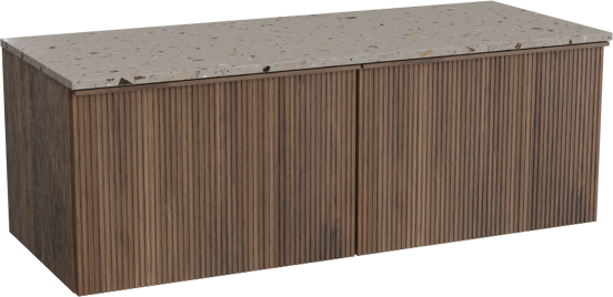 Balmani Forma hängendes Möbelstück Set: 135 x 55 cm, Amerikanischer Nussbaum, mit Stretto Einzel- oder Doppel Waschtischplatte, Terrazzo in Greige, Vertikale symmetrische gerade Rippe