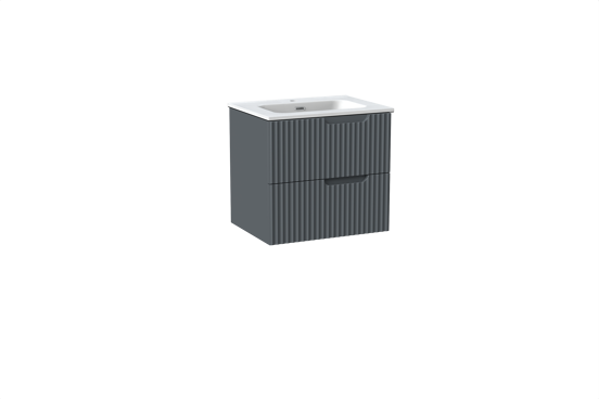 Linie Ribbo meuble salle de bains suspendu 60 x 46 cm bleu anthracite avec Baro plan simple en porcelaine blanc mat, Nervure circulaire symétrique verticale