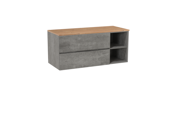 Storke Edge zwevend badmeubel 120 x 52 cm beton donkergrijs met Panton enkel of dubbel wastafelblad in melamine ruw eiken