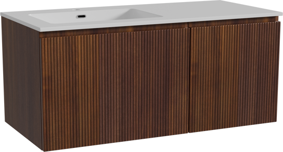 Storke Ribs zwevend badmeubel 110 x 52 cm notenhout met Diva asymmetrisch linkse wastafel in composietmarmer hoogglans wit, Verticale symmetrische rechte ribbel