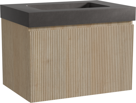 Storke Ribs meuble salle de bains suspendu 75 x 52 cm chêne brut avec Scuro High plan simple en quartz noir mat, Nervure droite symétrique verticale